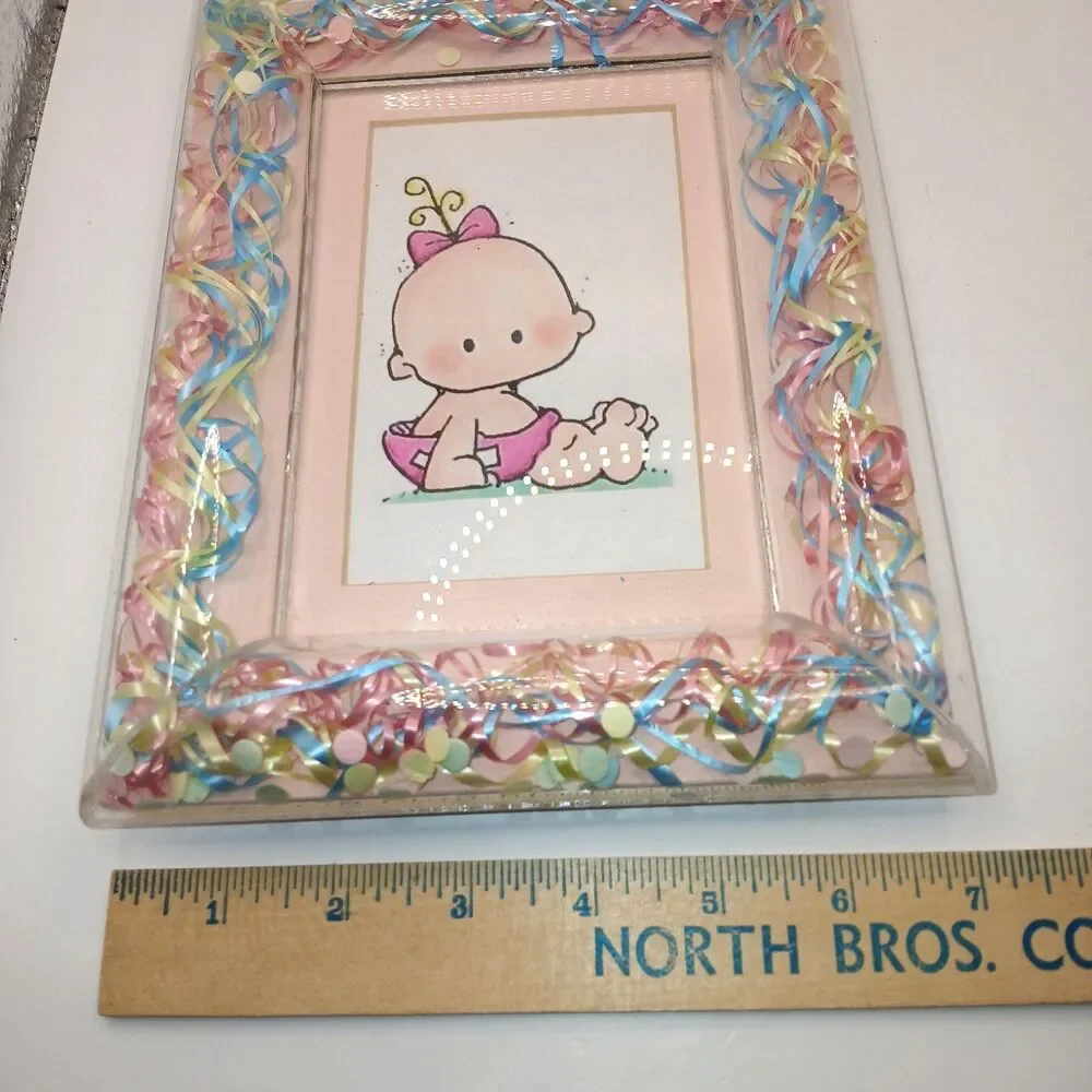 Borden Borders Lucite Confetti Ribbon Baby Pink Blue Picture Frame 4x6 Photo